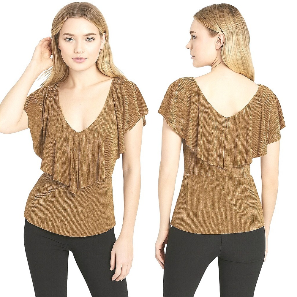Adrianna Papell Blouse Top XS Gold Cap Sleeve Scoop Neck Ruffle Metallic Pleated